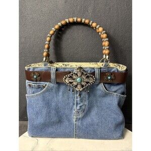 Vintage Upcycled Denim Jeans Shoulder Bag Purse Wood Bead Handle Turquoise Wstrn